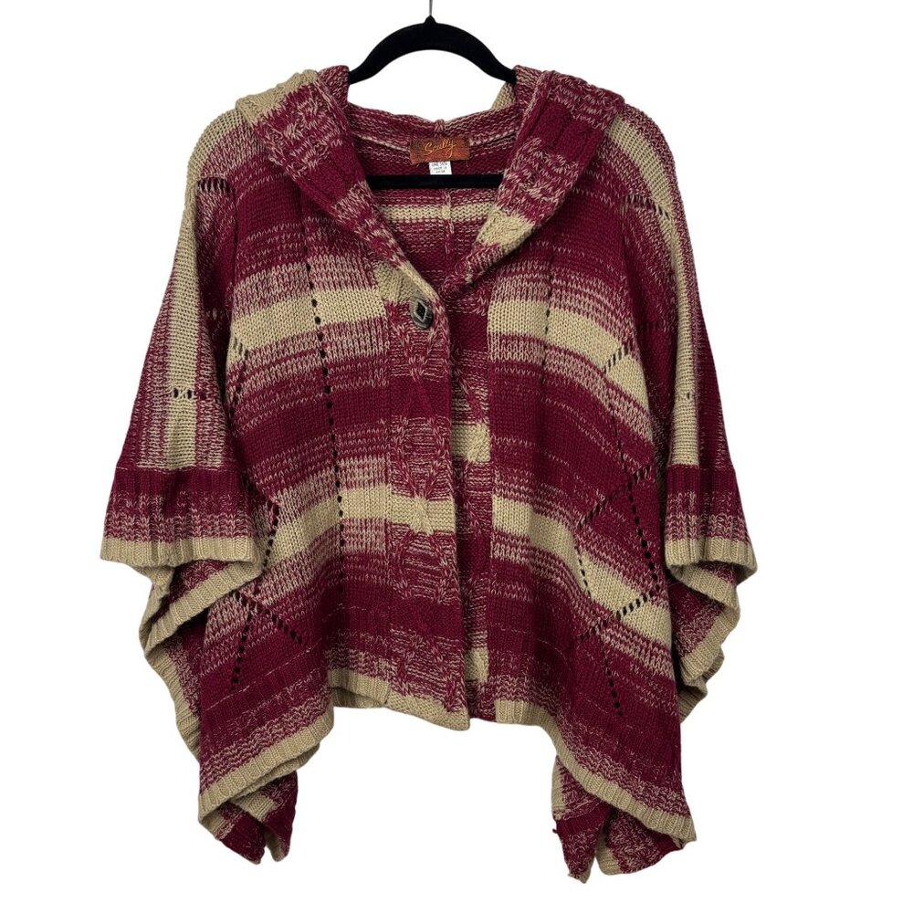 Scully Striped Hooded Poncho Sweater One Size Wool Blend Burgundy Tan Western